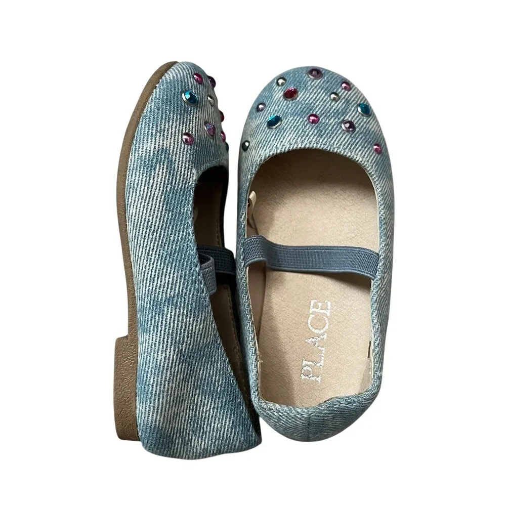 The Children's Place Girls Denim Slip-on Ballet Flat Shoes Jeweled Toddler Sz 5
